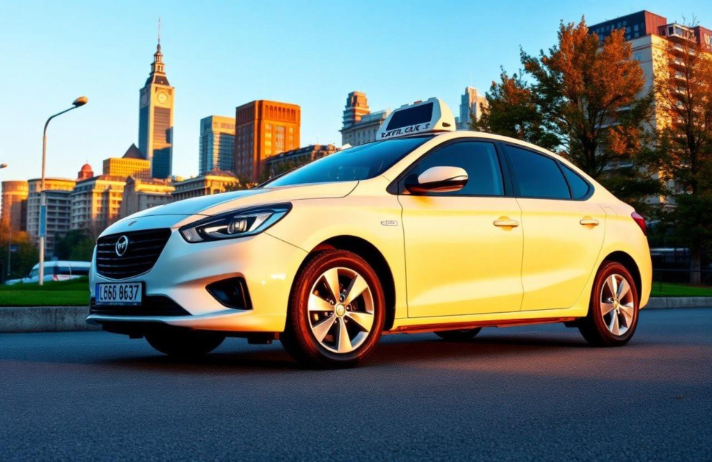 Taxi Hanau – modernes Taxi vor Hanauer Skyline